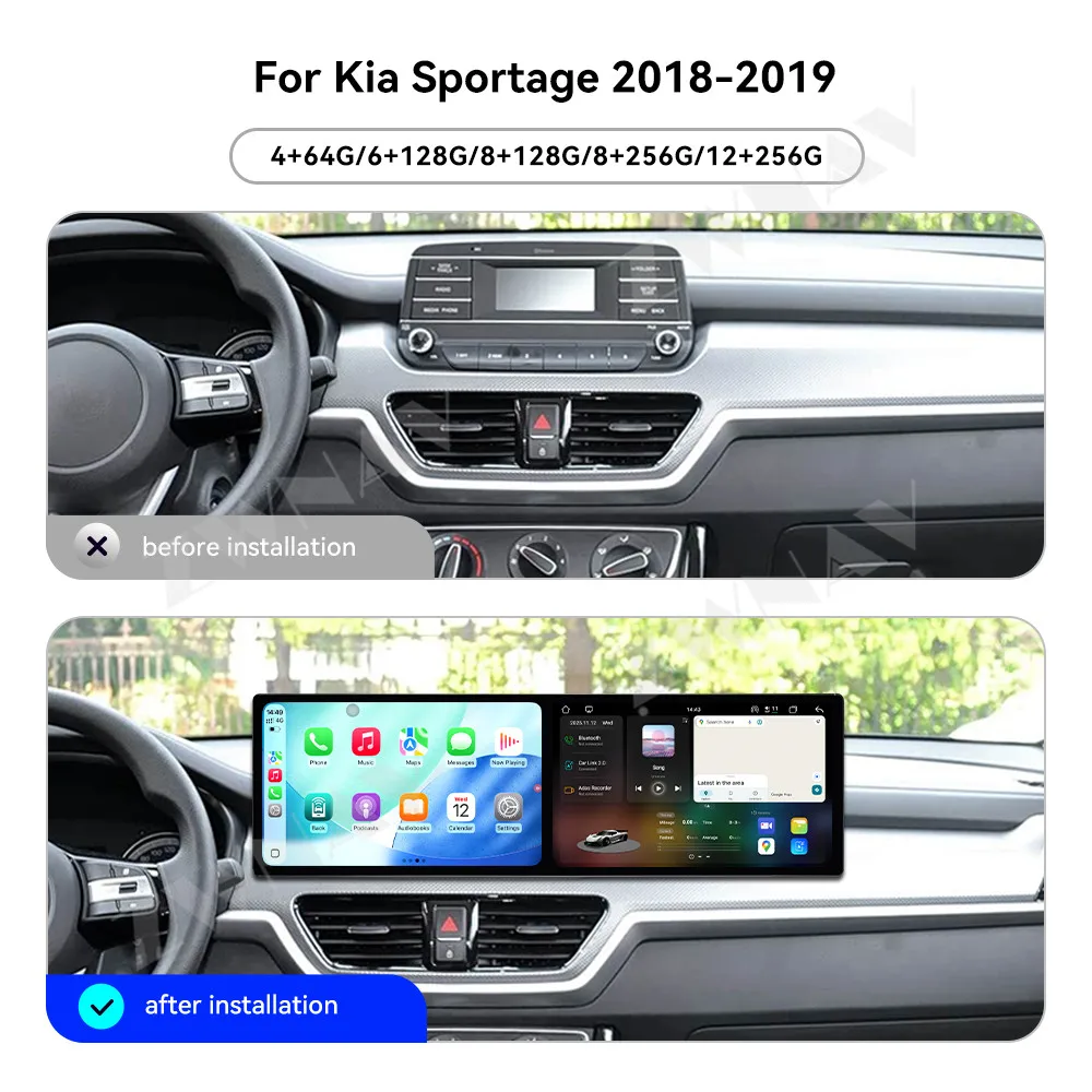 

10,1 + 10,1-дюймовый автомобильный радиоприемник Carplay с сенсорным экраном для Kia Sportage 2018-2019 Android 15, GPS-навигация, мультимедийный плеер, головное устройство