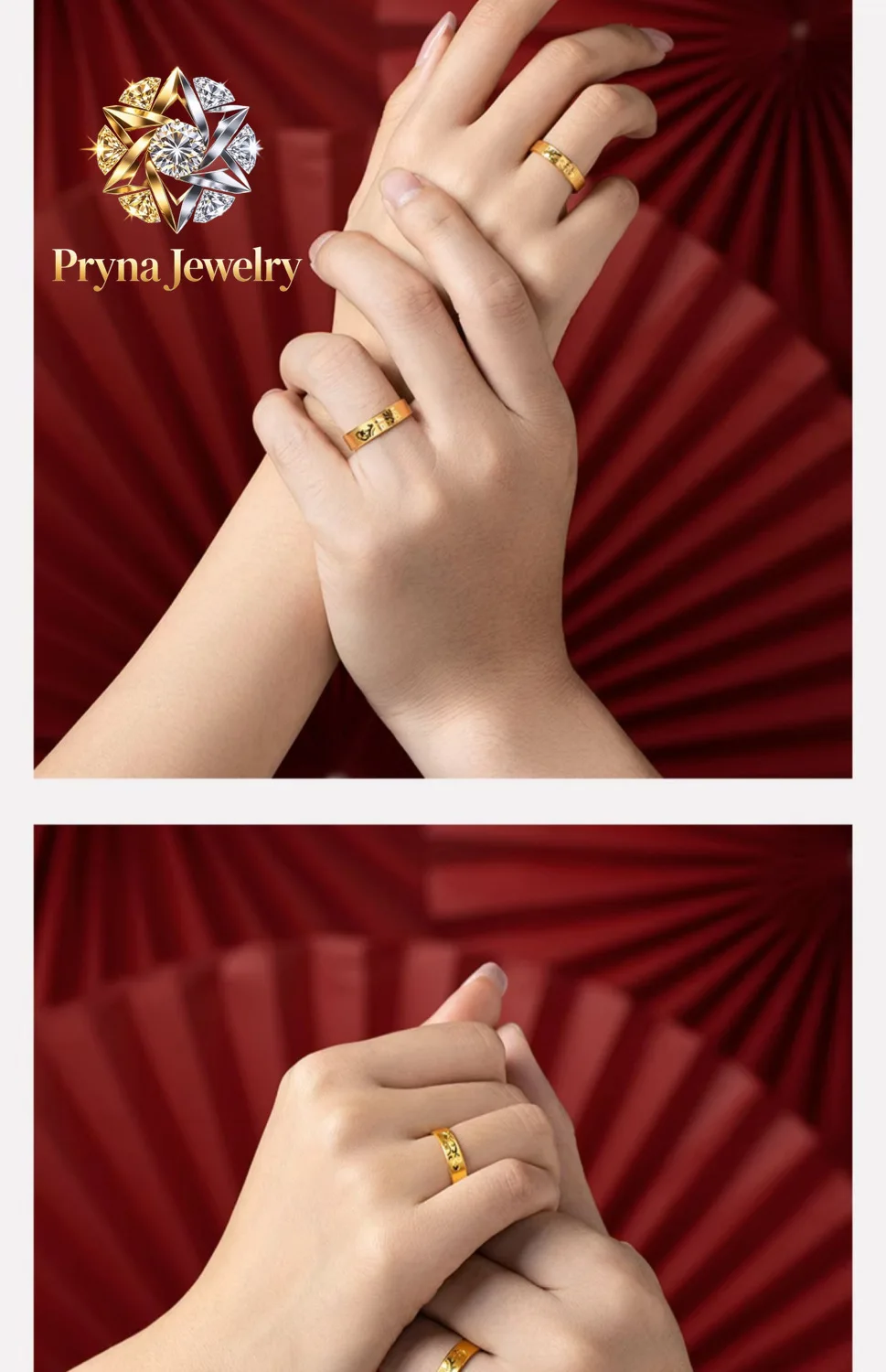 

Pryna Jewelry Golden dragon and phoenix happy words 24K real gold couple ring 9999 classic elegant temperament new Chinese sty