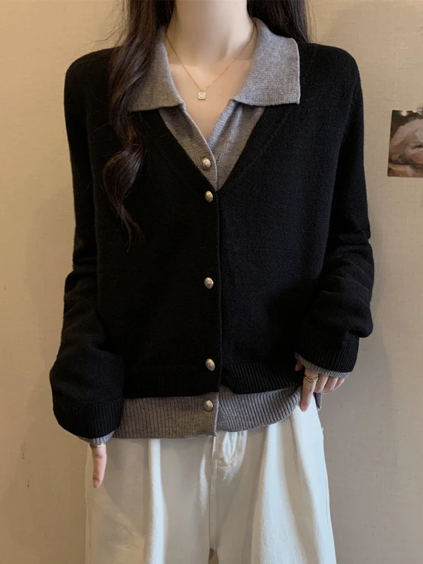 

Женский вязаный кардиган больших размеров с воротником, утепленный, скрывающий живот, стройнящий, в стиле колор-блок, корейский стиль, свободный крой