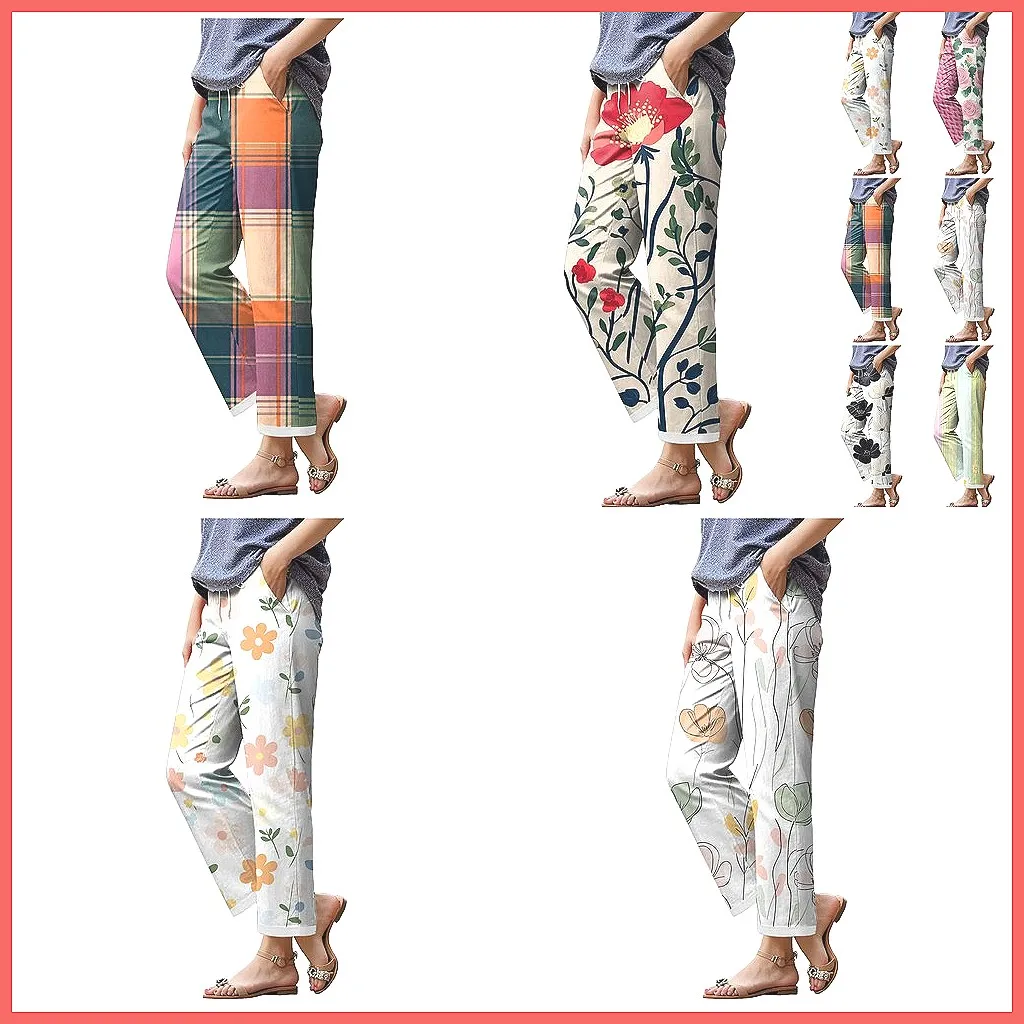 

Women's Casual Wide Leg Pants with Rope Pocket - Printed Loose Drawstring Trousers