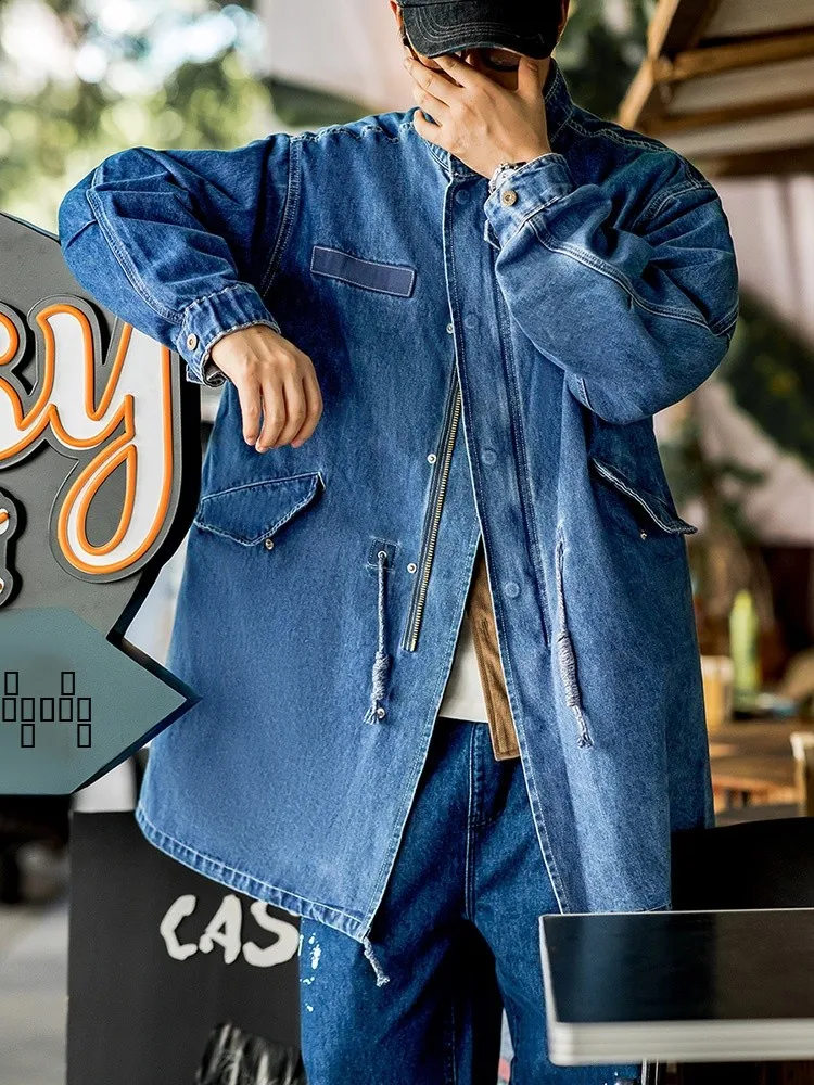 

Maden Workwear American Retro M65 Denim Fish Tail Coat Loose Shape Mid-Length Jacket for Men Autumn Season Cotton Polyester