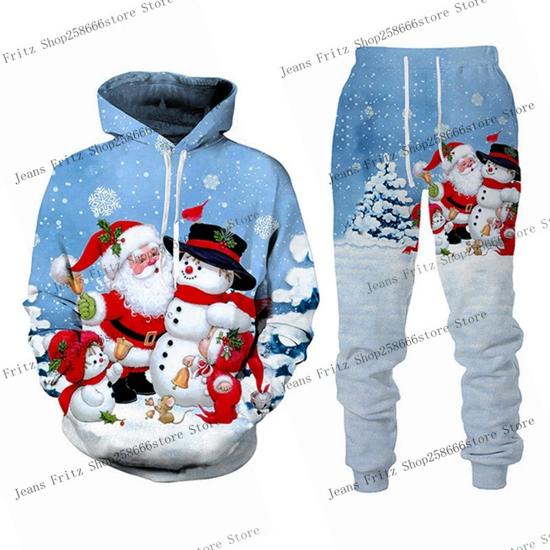 3D Print Hoodies Suit Christmas Santa Claus Man Woman Tracksuit Pants 2pcs Sets New Year Holiday Party Kids Pullover Hooded