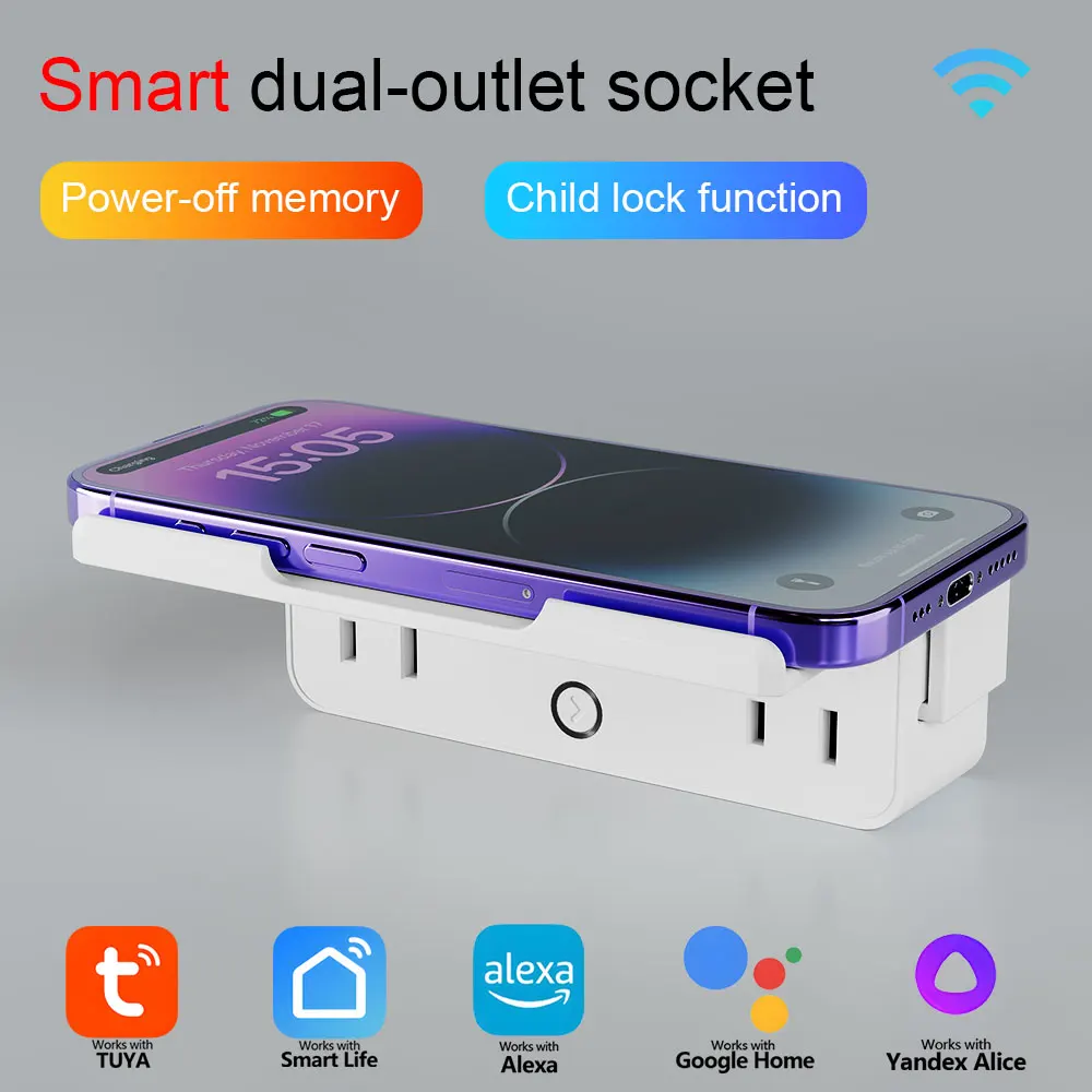 

Умная Wi-Fi розетка с двумя гнездами, голосовое управление (совместимо с Alexa, Google Home), дистанционное управление через приложение, функция таймера, белая