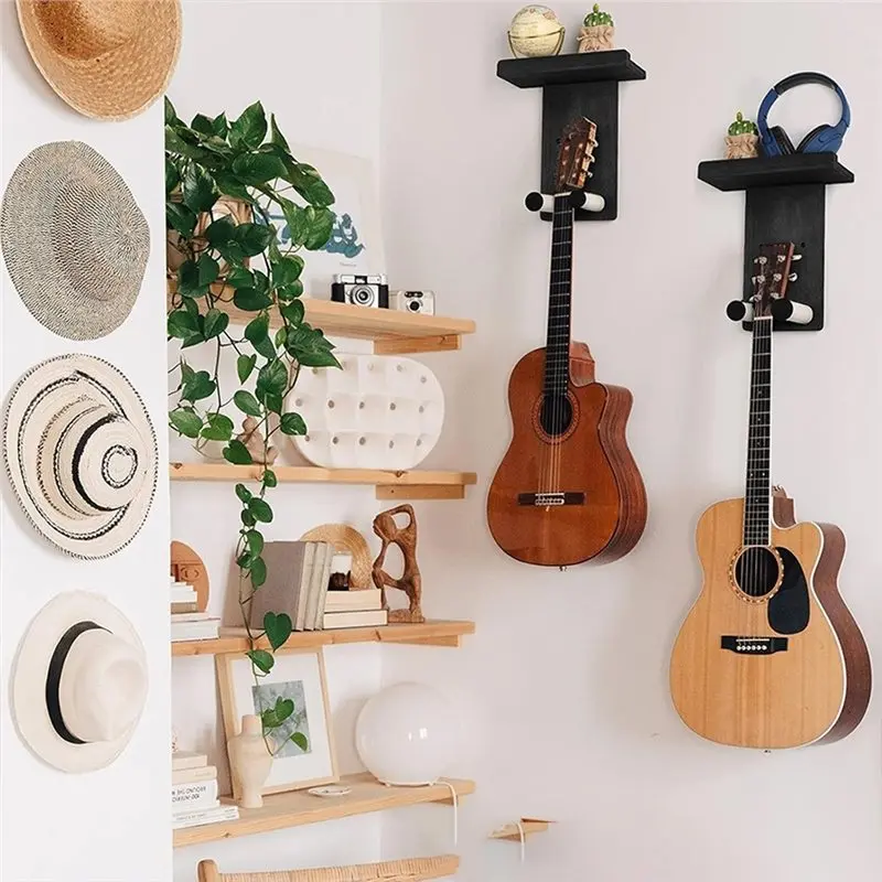 A74K-Guitar Wall Mount Guitar Holder Adjustable Soft Guitar Hook For Acoustic, Electric Guitar, Bass, Ukulele Hardwood U-Shaped