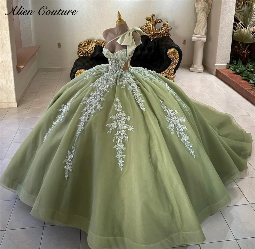 

Sage Green Sweet 16 Quinceanera Dresses Bow Shoulder Beads Applique Pearls Princess Ball Gown Vestidos De 15 Años Customized