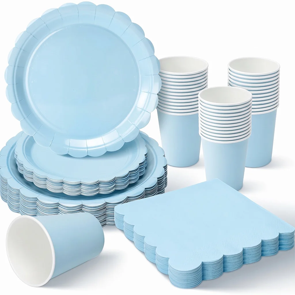 Hellblaues Einweggeschirr Mit Wellenrand Pappteller Becher Servietten In Blütenblattform Für Kinder Geburtstagsparty Babyparty Hochzeit Geschlechtsenthüllung Feier Dekorationen Elegantes Zubehör