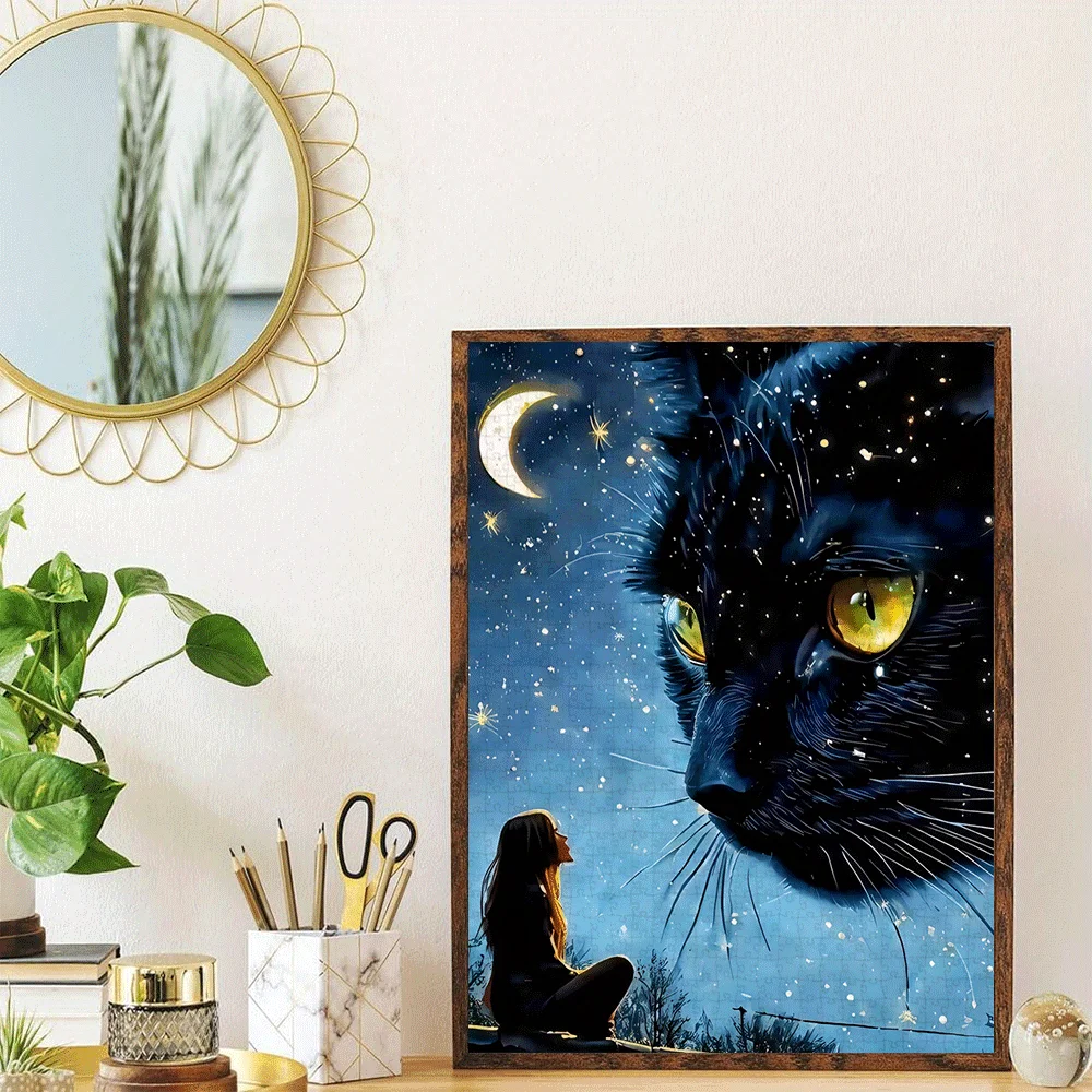 Puzzle di gatto nero e al chiaro di luna da 1000 pezzi - Puzzle su larga scala con mezzaluna, stelle e design di gatto nero, impegnativo