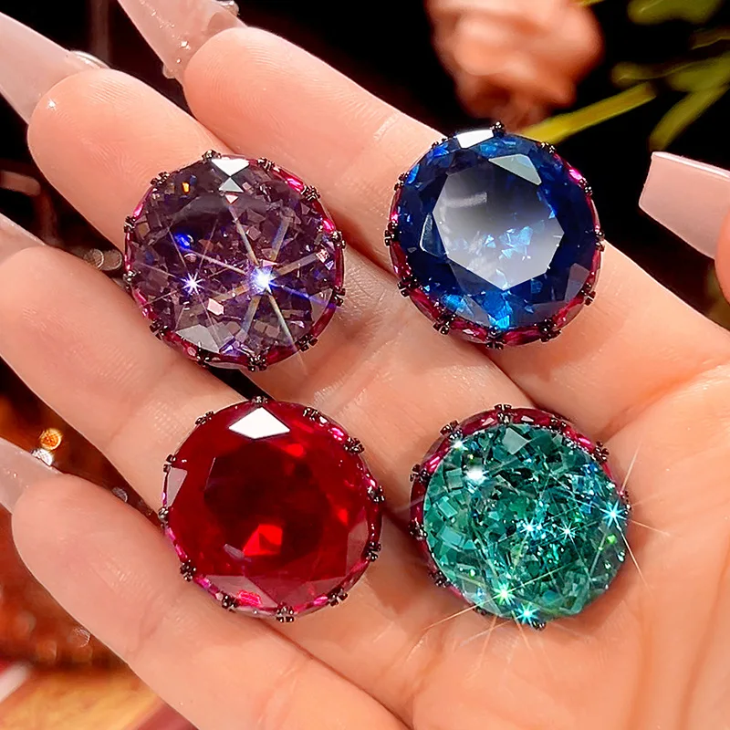 

Изысканное круглое кольцо на палец с красным, синим, фиолетовым, зеленым цирконием для женщин, темпераментные обручальные свадебные аксессуары, ювелирные изделия