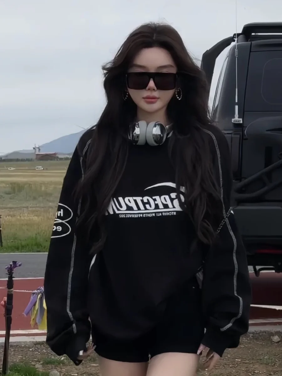Retro American Style Women's Oversized Sweatshirt with Letter Design Autumn New Arrival plus Size Fashionable Casual Top
