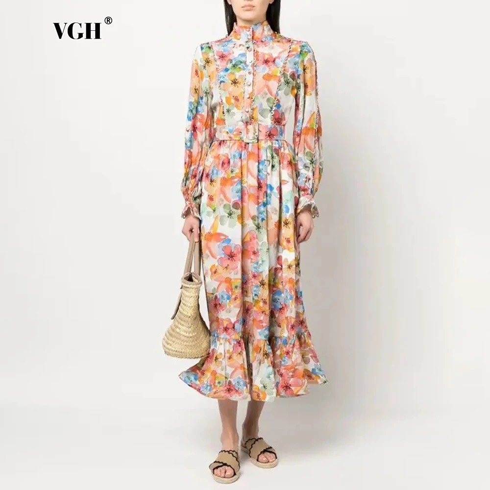 VGH-Vestido longo plissado colorido com estampa floral feminino com gola, mangas babadas, cintura alta, cinto de retalhos, outono