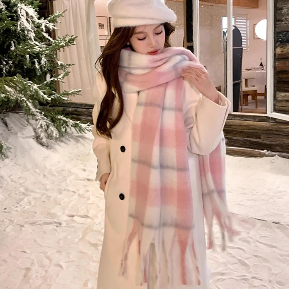 

Темпераментный клетчатый шерстяной шарф с кисточками в корейском стиле, утепленные зимние кашемировые шарфы, элегантные холодостойкие женские шаль для девочек