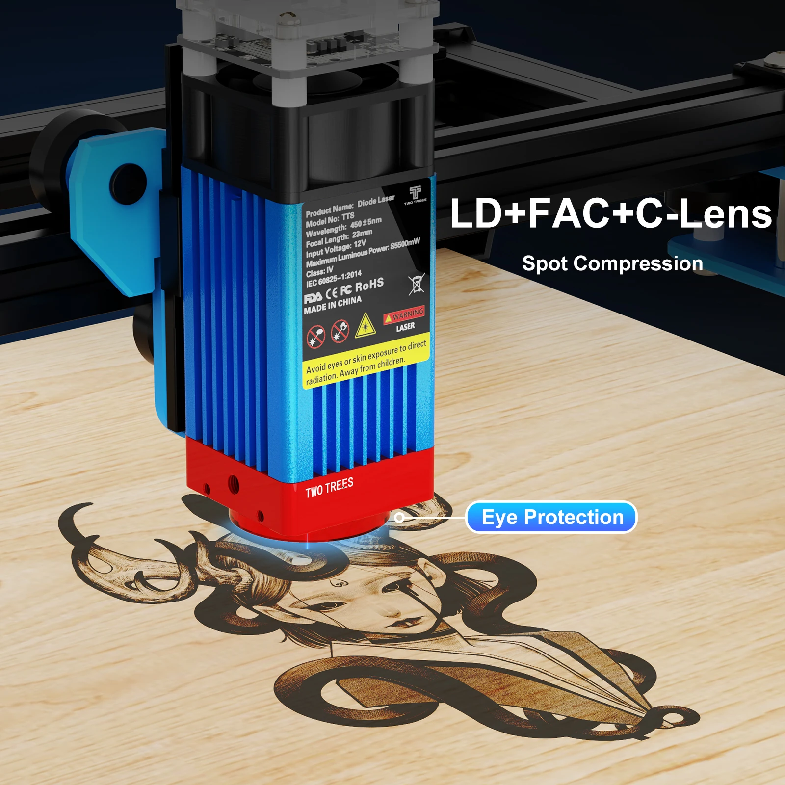 TwoTrees TTS‑55 Pro Laser Engraver, WiFi & Offline Control, Compressed Spot LD+FAC Laser Cutting Machine, for Stainless Steel Carving, Wood & Acrylic Cutting - view 4