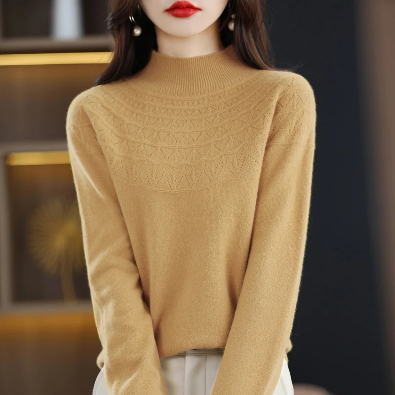 100% Wool Sweater Women Half High Collar Hollow Out Long Sleeve Top Autumn Winter Fashion Knit Female Warm Loose Pullover Jumper