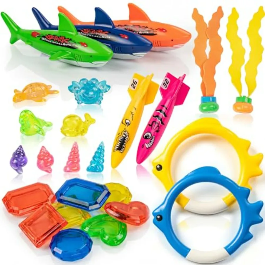 

Pool Toys for Ages 4-8, 26 Pcs Diving Toys, Diving Rings, Swimming Pool Games with Storage Net Bag, Torpedo, Gem, Sea Animal an