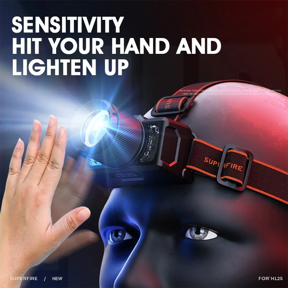 SUPERFIRE Super Bright HL25-A LED Sensor Headlight Waterproof USB C Rechargeable Work Light Fishing Zoomable Camping Headlamp