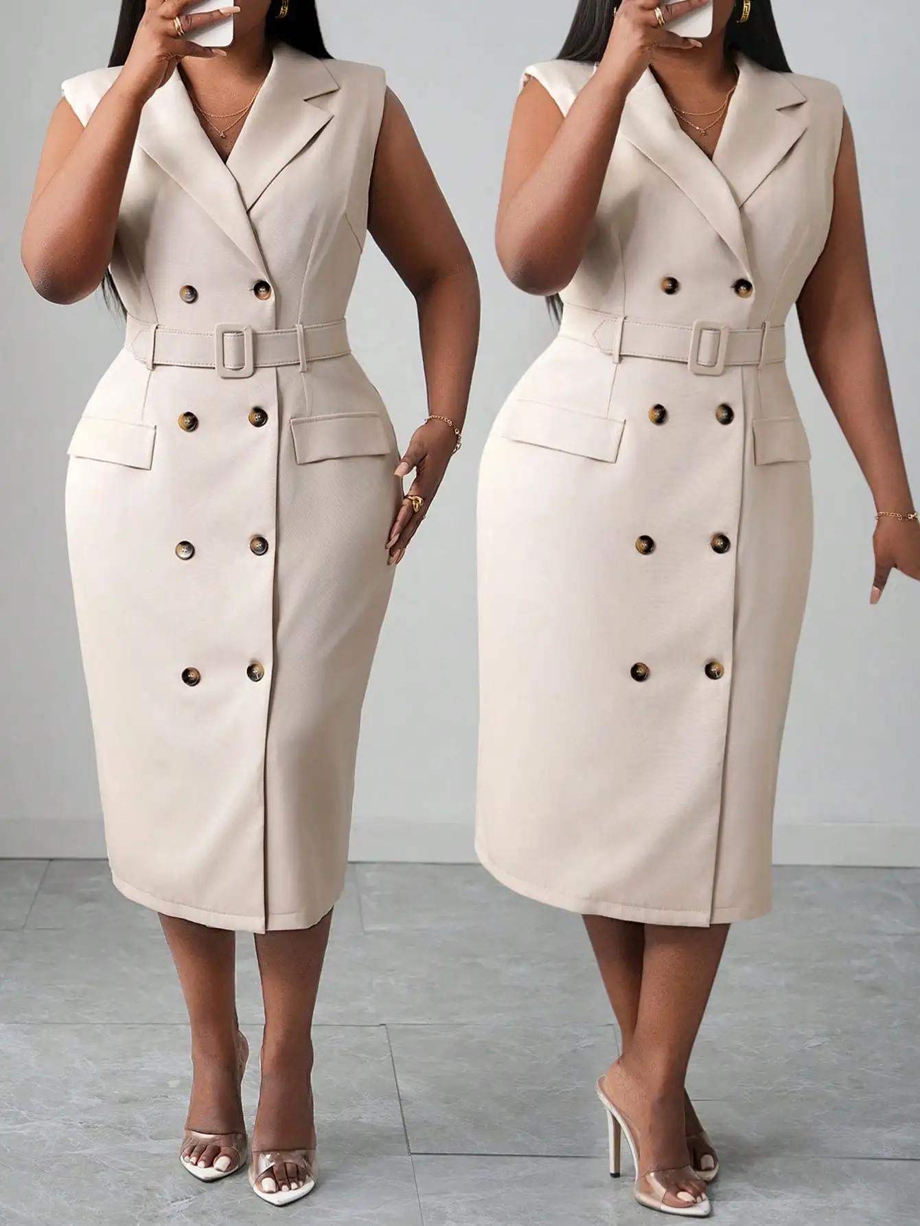 

Beige Sleeveless Double-Breasted Midi Dress with Belt for Work or Occasion