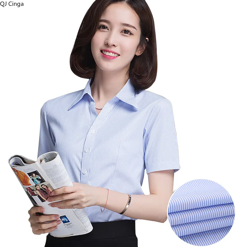 

New Summer Women's Short-sleeved Shirt, Vertical Striped Single-breasted V-neck Shirts, Available in White, Blue, Purple, Gray.