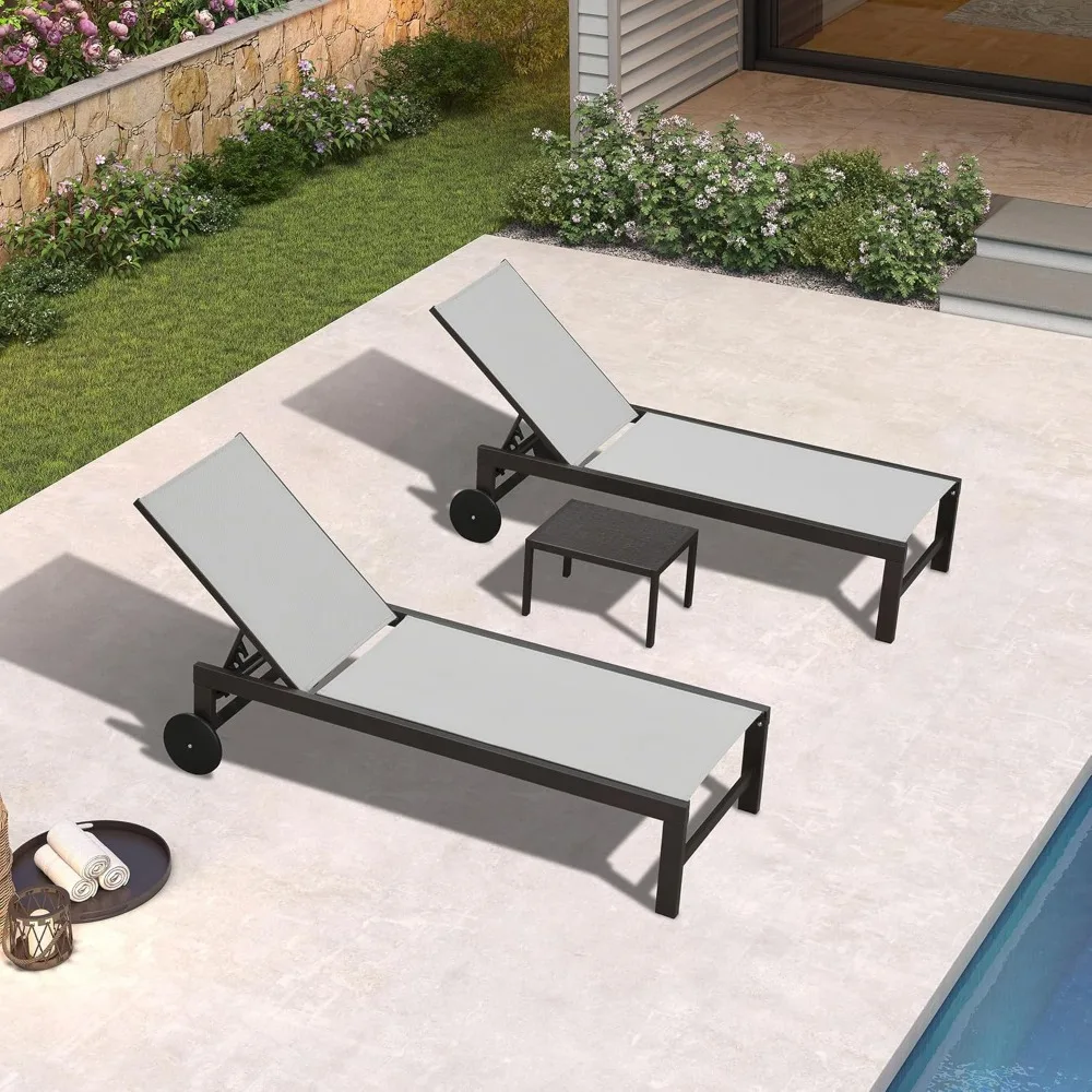 Outdoor Chaise Lounge Chair Set of 3, Pool Lounge Chair for Outside, Patio Chaise Lounger with Adjustable Backrest and Wheels f