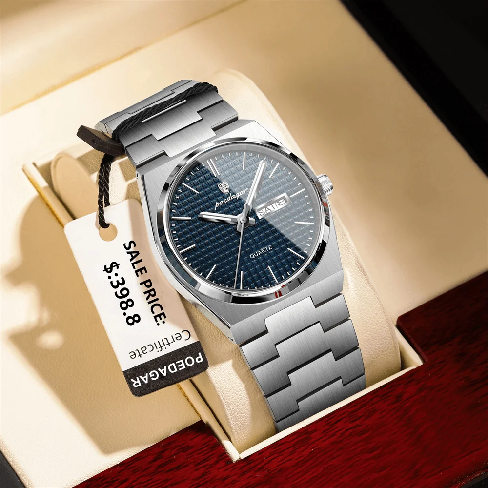POEDAGAR Business ساعة رجالية عالية الجودة رياضية كوارتز رجل ساعة اليد مقاوم للماء مضيئة تاريخ الأسبوع الفولاذ المقاوم للصدأ ساعات رجالية