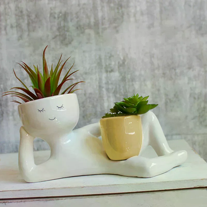 Lazy Guy Planter Pots For Indoor Plants Cute Resin Flower Head Planters Lying Down Figure Home Garden Decoration Gift