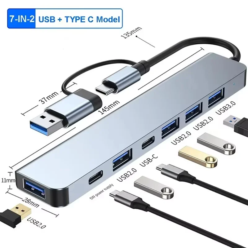 HUB USB C 3.0 Tipo C de 7 Puertos, Adaptador Divisor Multi USB, Extensor OTG Tipo C para Computadoras Portátiles, Macbook, PC, Accesorios para Computadoras de Escritorio
