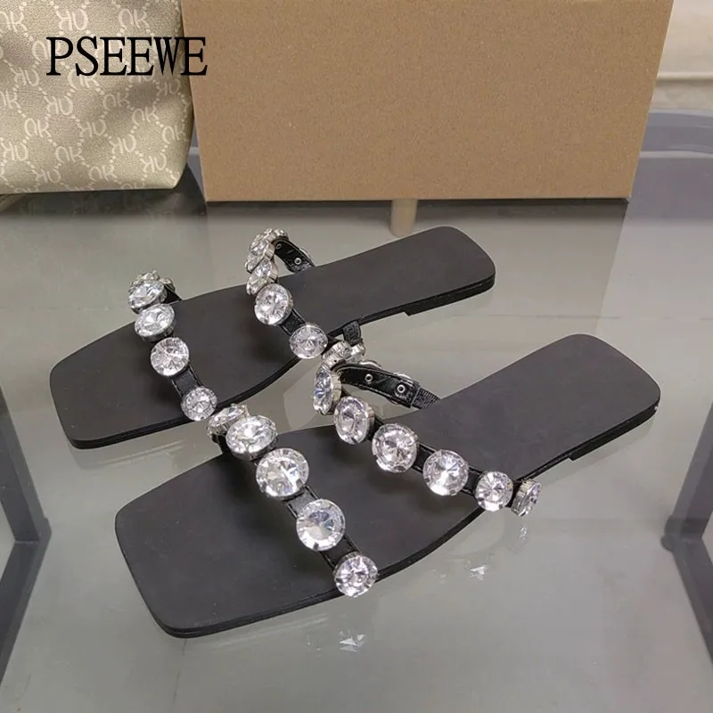 

PSEEWE Summer Flat Sandals Women Slippers 2024 Rhinestone Slippers Woman Open Toe Shoes Designer Luxury Slippers Female Shoes