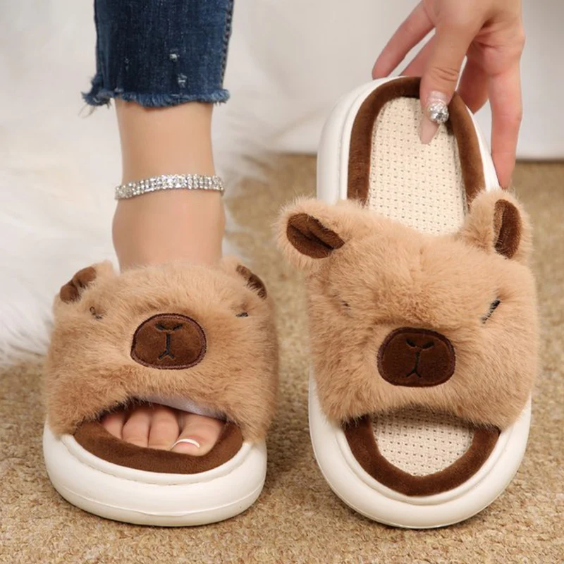 

Fluffy Capybara Linen Slippers for Women Spring Autumn Open Toe Thick Sole Slippers At Home Woman Comfort Non Slip Slides Mujer