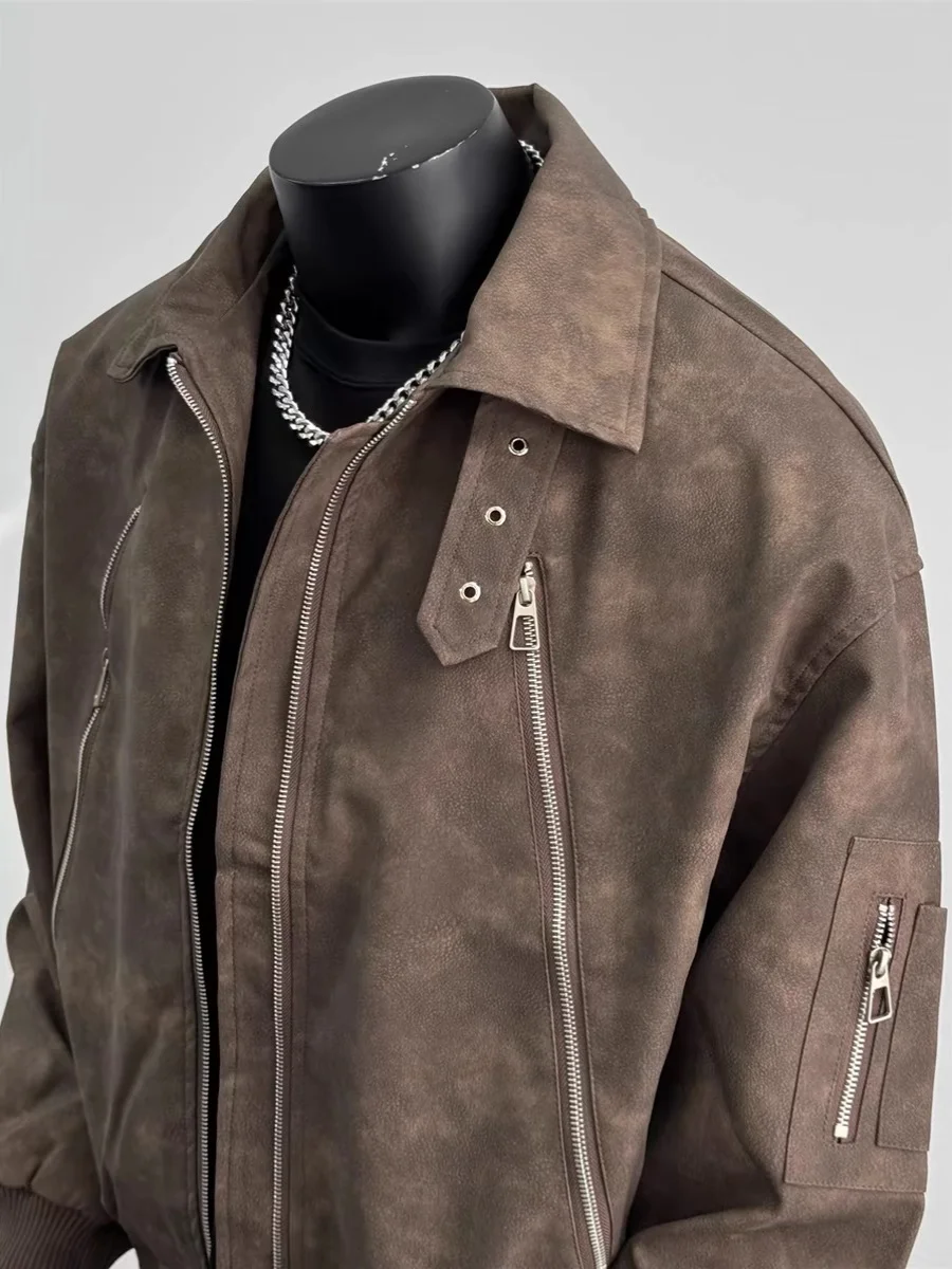 

Retro American Zipper Leather Jaet Motorcycle Clothes Men's Autumn Winter Loose Coffee Color Outerwear Youth Faion
