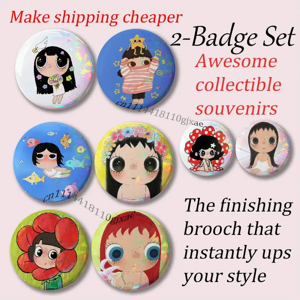 YUY Freckle Big-Eyed Doll Brooches for Backpack Accessories 25,32,44,58,75mm Round Enamel Pins 2-piece set Cartoon Anime Badge