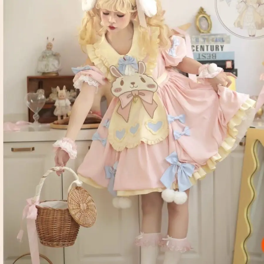 Kawaii Lolita OP Dress Women Sweet Ruffles Cartoon Rabbit Print Party Mini Dresses Girls Victorian Gothic Bow Princess Dress