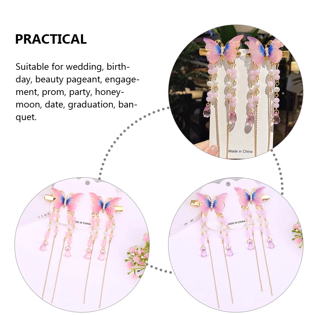 

2Pcs Butterflies Hair Clips Bobby Pins Women Girls Accessories Tassel Decor Durable Nonfade Wedding Party Hairpins