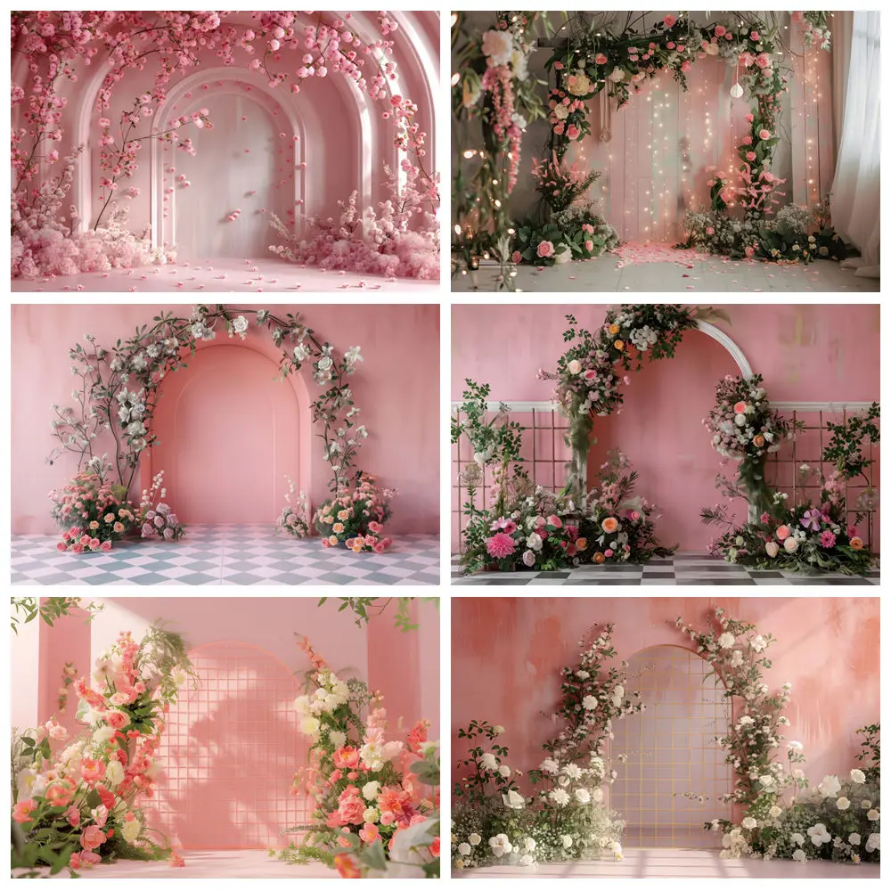 

Pink Arch Floral Photography Backdrop European Style Girls Birthday Party Wedding Maternity Art Portrait Photo Background Decor