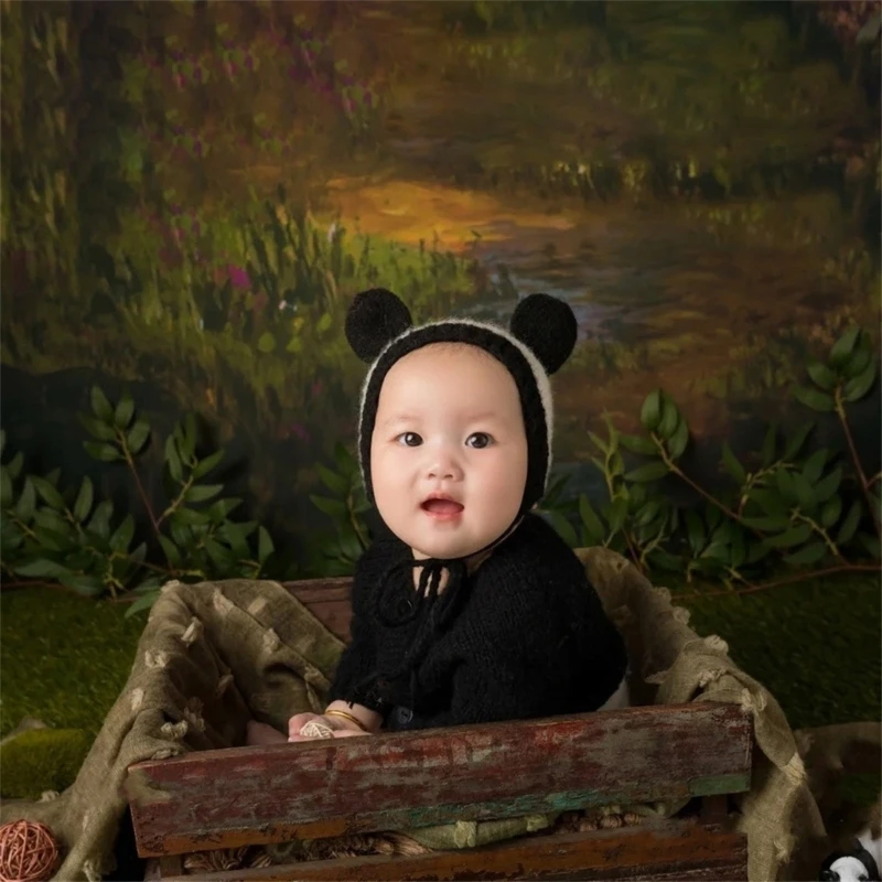 K5DD atrezos para fotografía bebés, mono, sombrero con orejas Panda, accesorios para fiesta ducha infantil