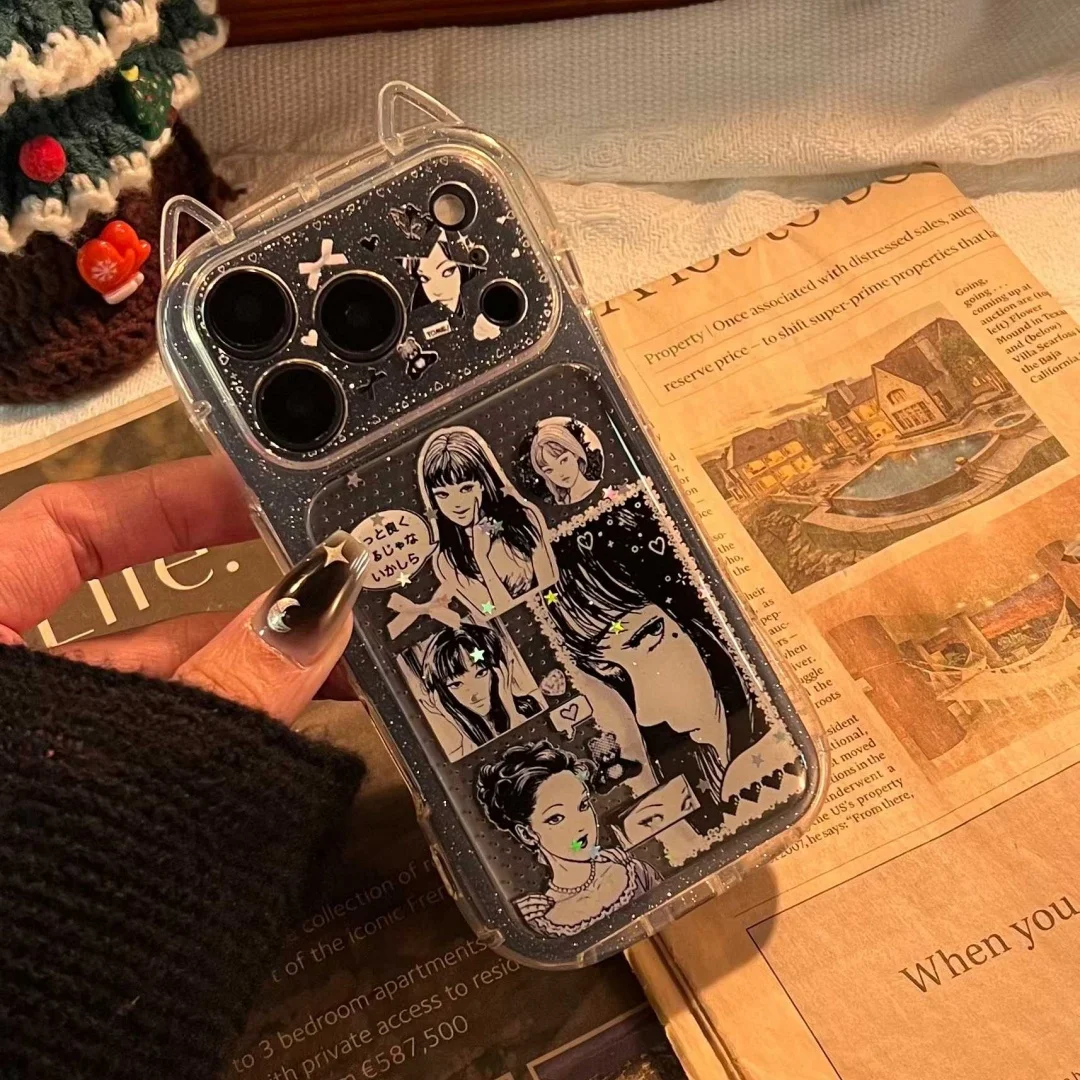Japońskie anime horror komiksy urocze etui na telefon Tomie do iPhone 13 15 14 16 17 Pro Max Plus, śliczne kocie uszy, przezroczyste etui — zdjęcie produktu 5