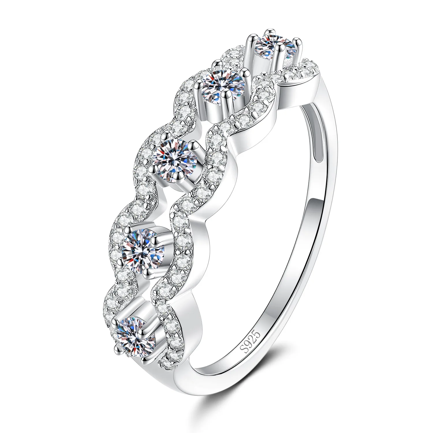 Women S925 Silver Wavy Multi-Stone Moissanite Ring Fixed Size Stackable Fine Jewelry