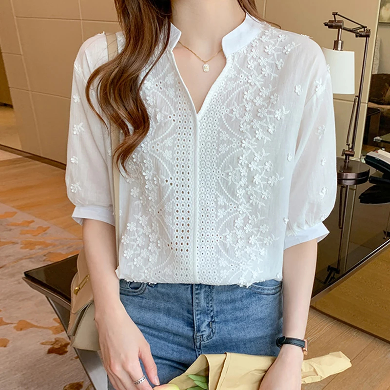 Summer Short Sleeve Lace Blouse Shirt Women Tops Blusas Mujer De Moda 2024 Verano V-Neck White Blouse Women Blouses Blusa F428