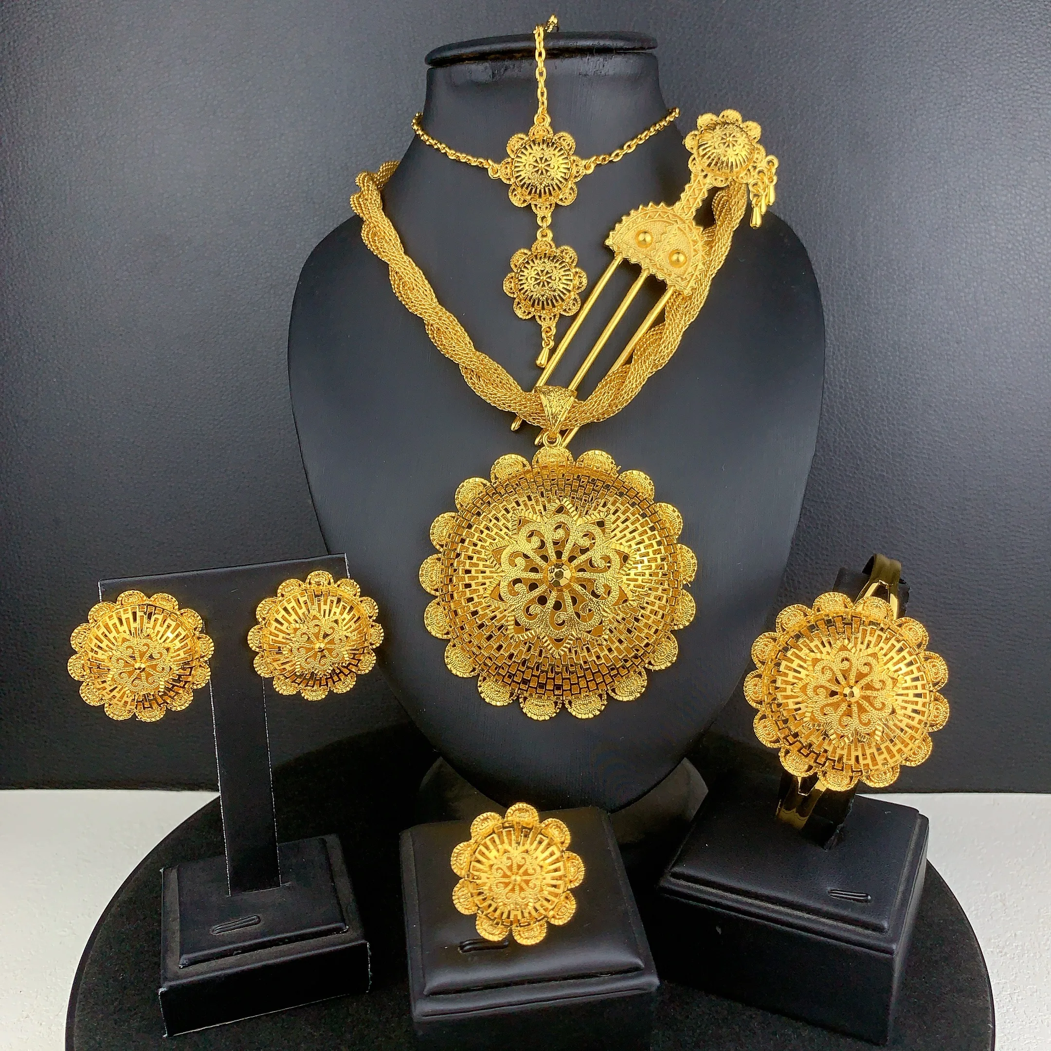Ethiopian 24k Gold Color 6pcs Jewelry Sets For Women Wedding Luxury Dubai Big Flower Shape Nigerian Necklace Jewellery Set Gift