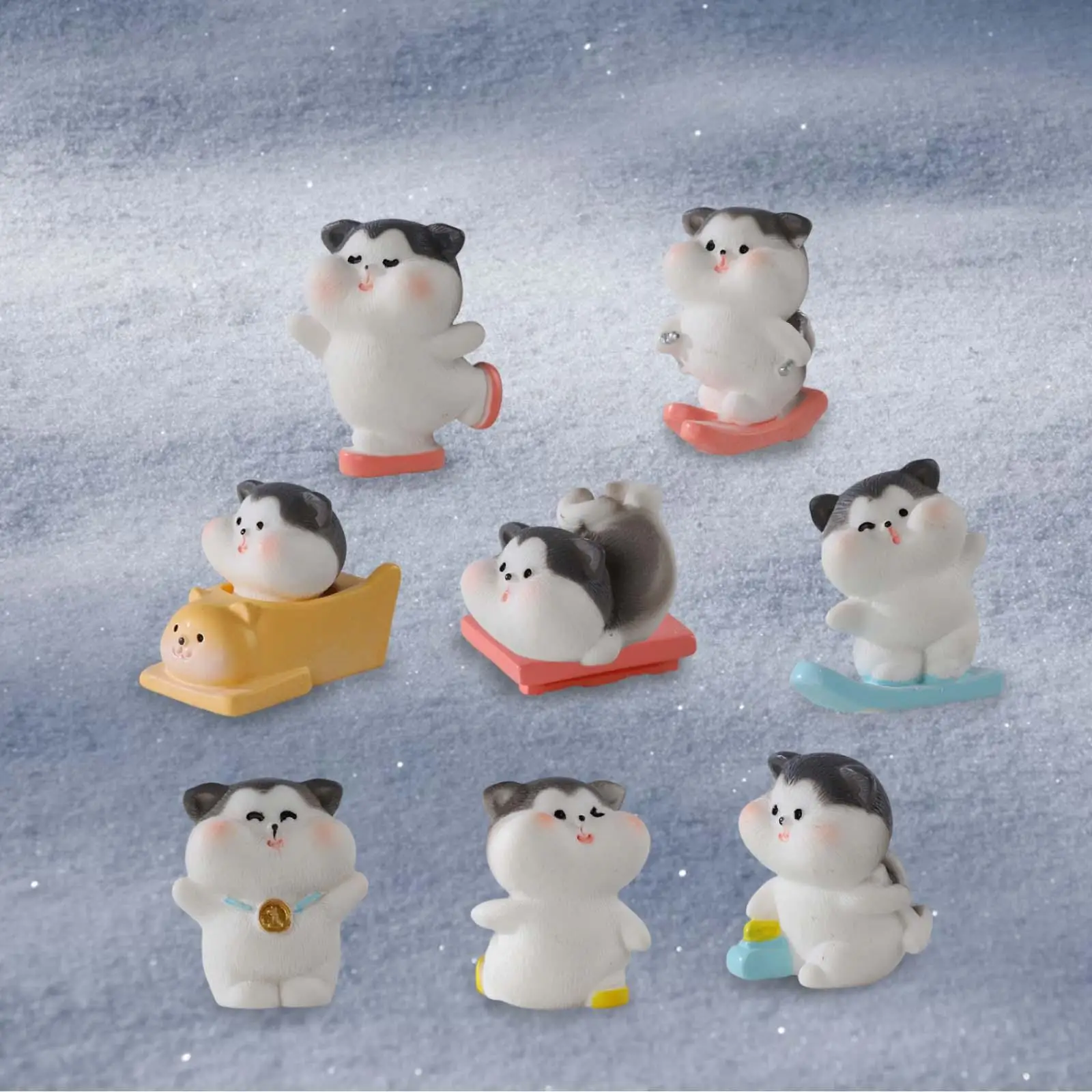 9 Pieces Sporting Skiing Cat Miniature Landscape Kitten Statue Fairy Garden Accessories for Birthdays