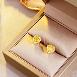 ThreeGraces Shiny Yellow Cubic Zirconia 2 Tone Gold Color Small Heart CZ Stud Earrings for Women Korean Fashion Jewelry E1162