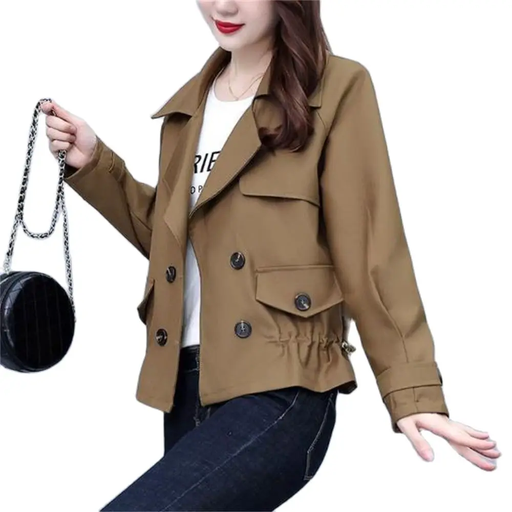 Short Windbreaker Women Spring  Autumn Jacet 2024 New Solid Color Waistband Double-breasted Versatile Coat Top Trench Outerwear