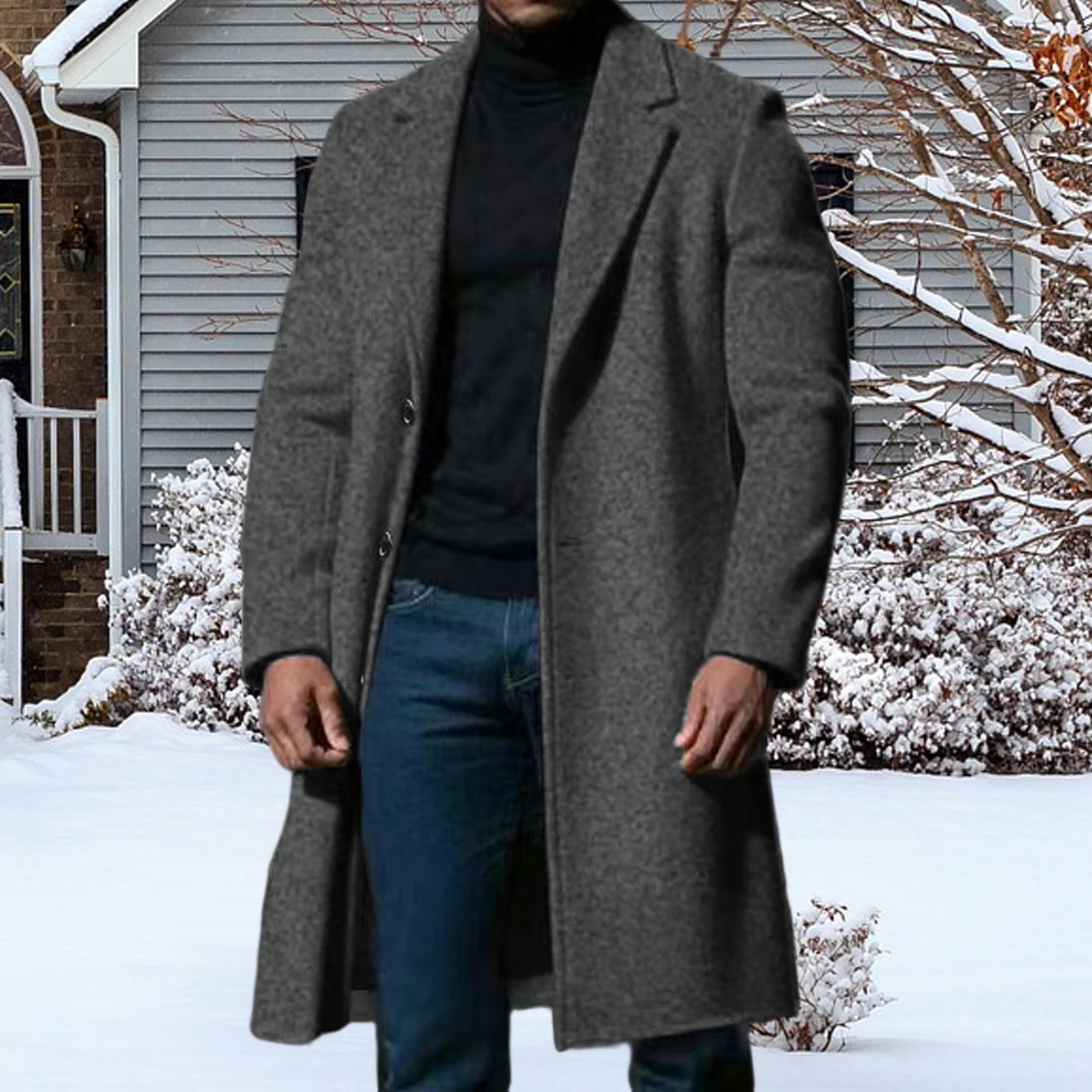 

Quality Men’s Wool Pea Coat Winter Warm Long Sleeve Solid Color Single Breasted Overcoat Trench Coat