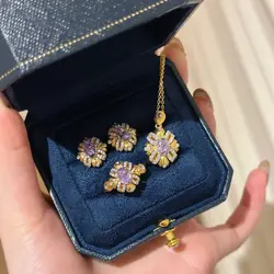 Foydjew French Style Retro Light Purple Crystal Pendant Necklaces Earrings Rings Women's Fashion Elegant Banquet Jewelry Sets