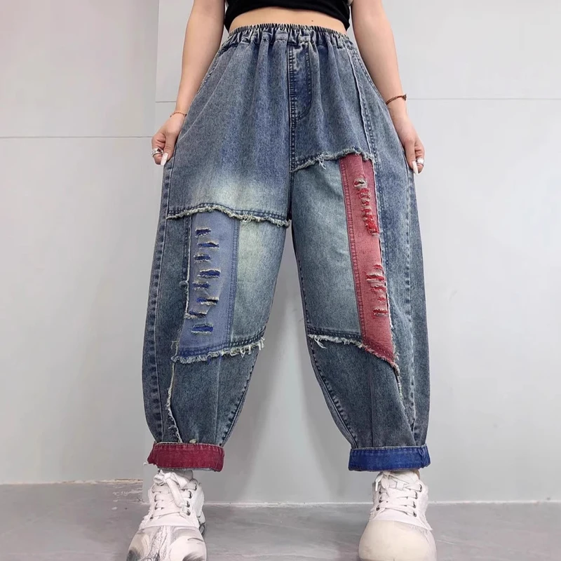 

Vintage Jeans Spring Summer New Casual Elastic Waistline Women Pants Loose Hip hop Hole Splicing Design Jeans Women Harem Pants