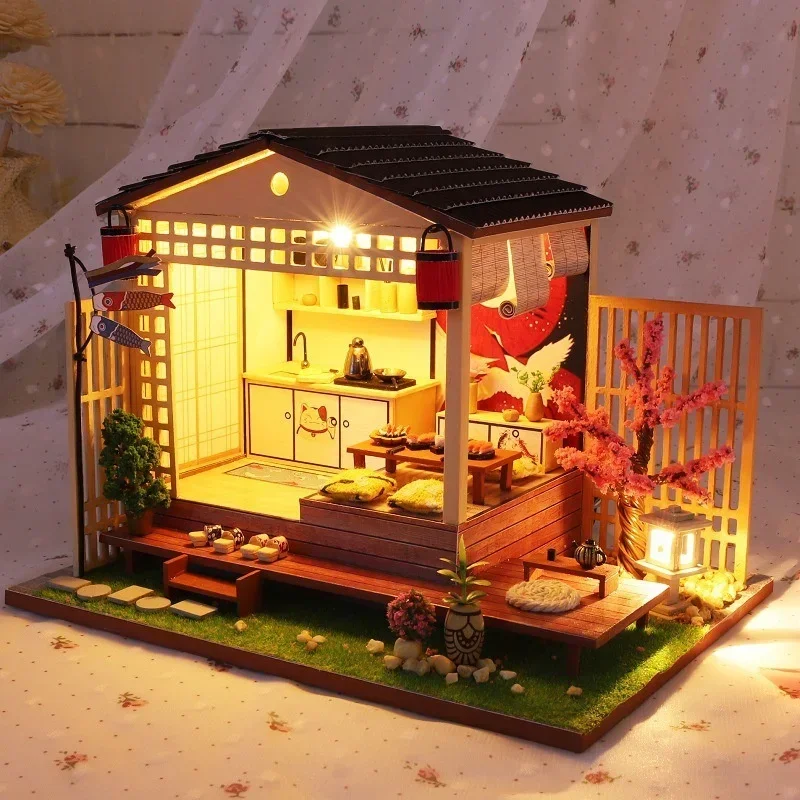 Casa japonesa de flores de cerezo DIY, Casa de muñecas de madera, Kits de construcción en miniatura, Casa de muñecas con muebles para niñas, regalos