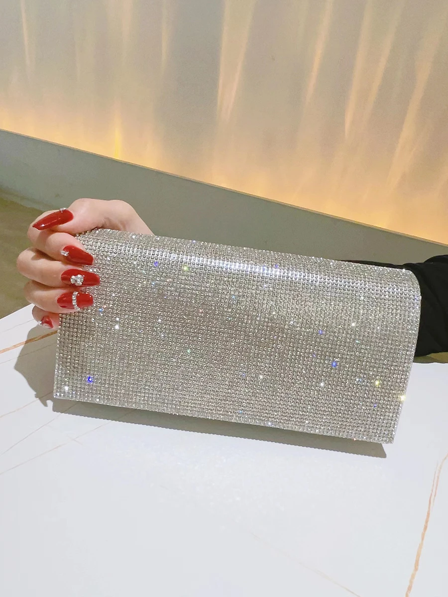 Glitter Clutch Rhinestone Purses For Women Evening Clutches Flap Envelope Handbags Large Wedding Party Prom Silver Crossbody Bag