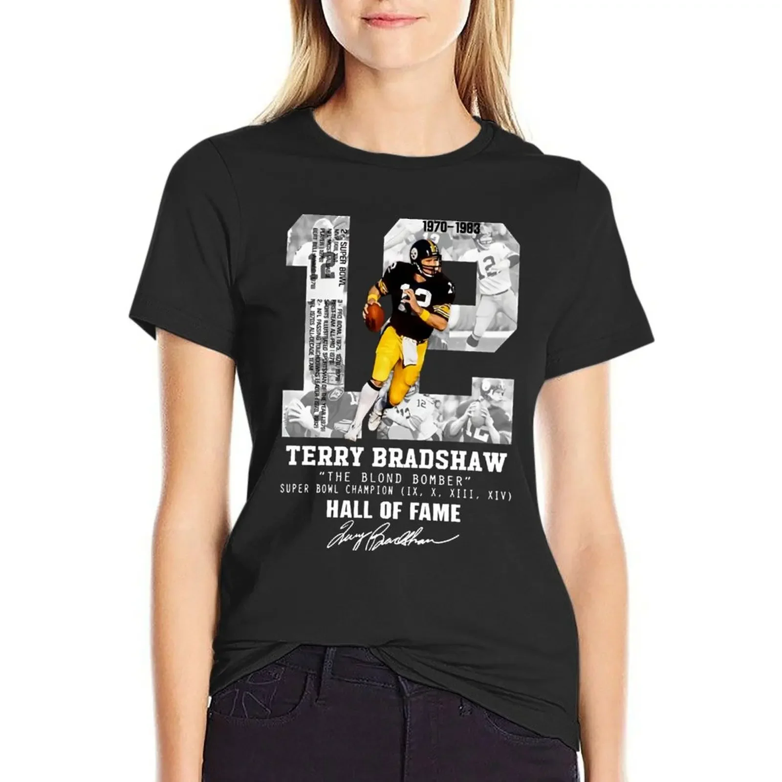 

Terry Bradshaw The Blond Bomber h-All-o-f-f-AME Signature T-Shirt plain lady clothes t shirt Women