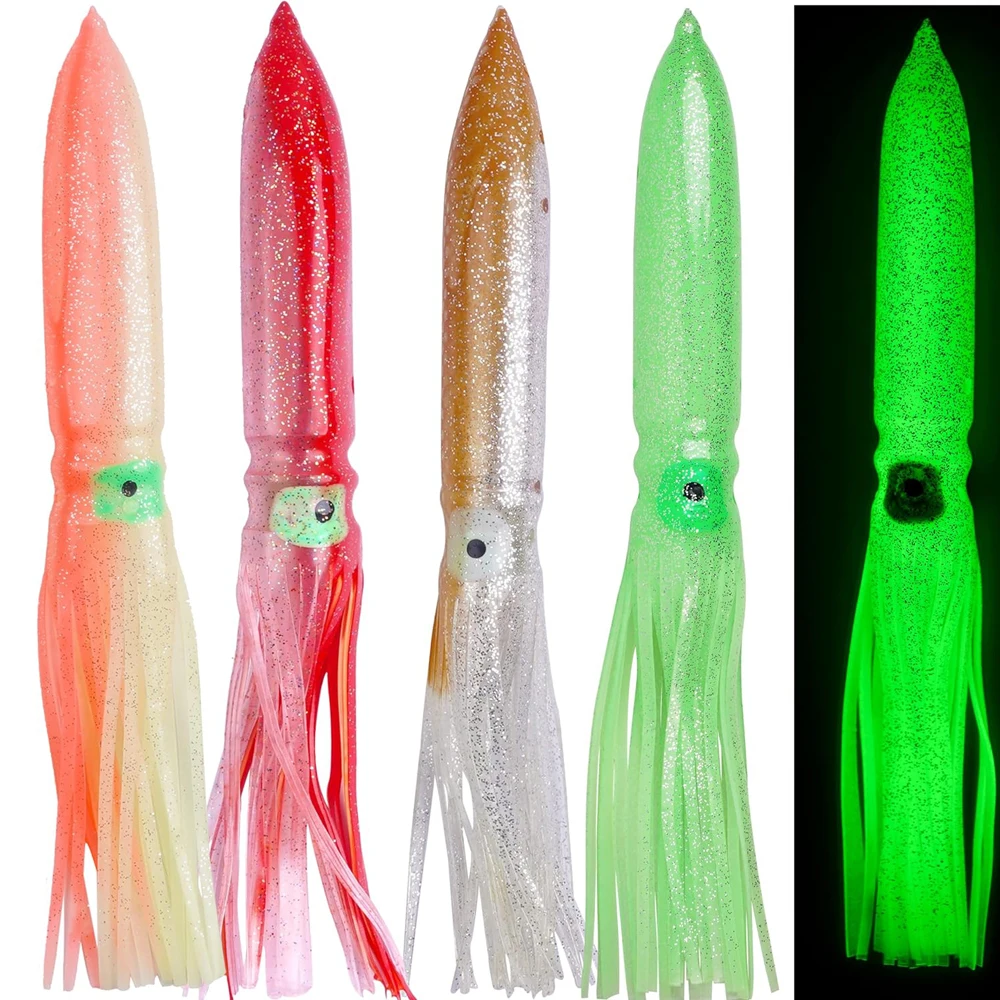 4pcs Luminous Squid Skirts Fishing Lures 30cm 56g Glow Octopus Skirts Baits for Tuna Marlin Big game Soft Trolling Squid Lures