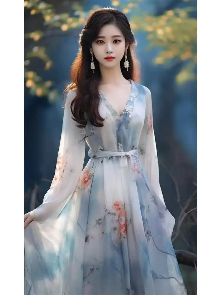 2025 novo estilo francês legal temperamento high-end sensação super bonito vestido floral azul high-end vestido longo roupas femininas