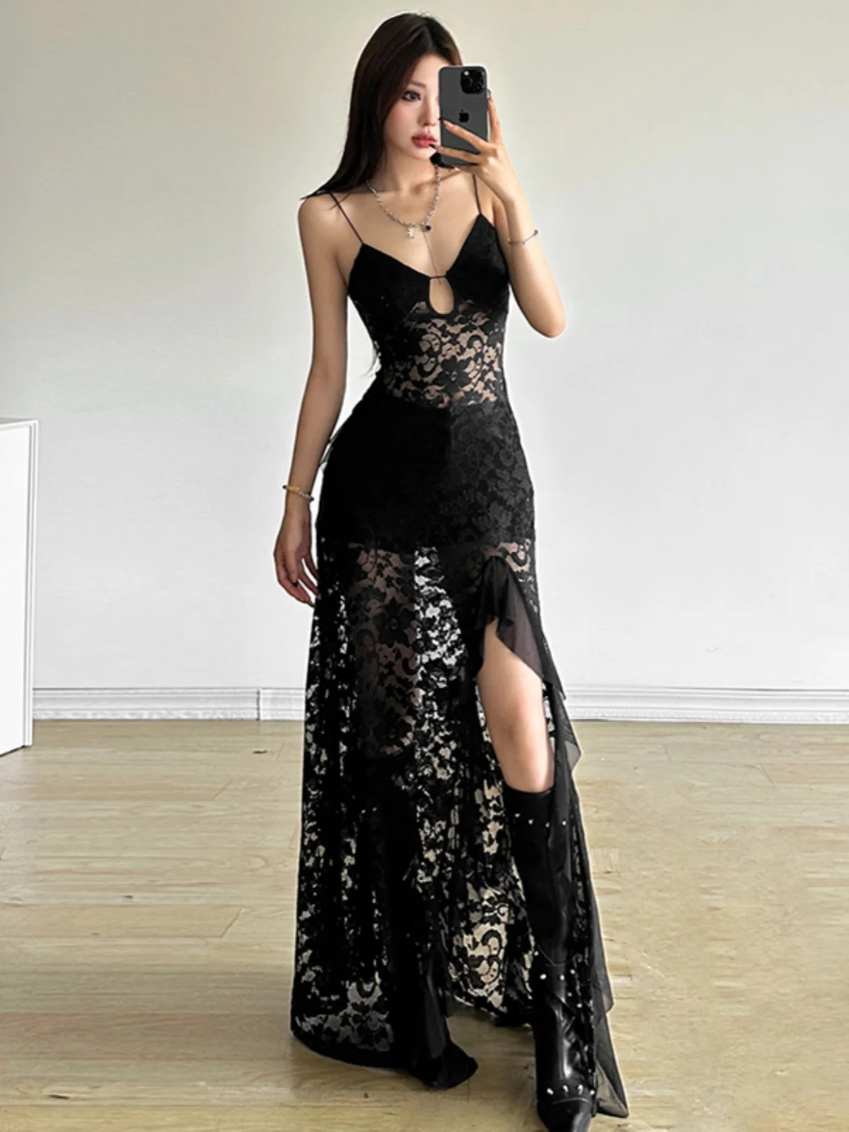 Sexy lace splicing perspective hollowed-out suspender dress with waist and thin split skirt