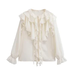 2024 Autumn New Women's Fashion Versatile Round Neck Long Sleeve Bow and Layered Decorative Shirt